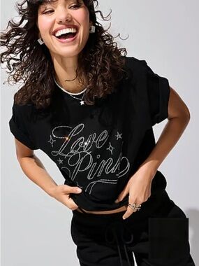 PINK Victoria's Secret Bling Black Tee Silver Rhinestone 'Love Pink' XL